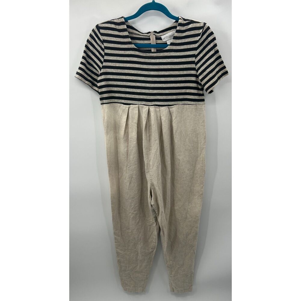 Vintage Striped Neutral Tan Motherhood Gauze Jumpsuit Women's Size S Maternity